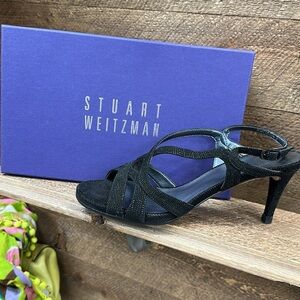 Stuart Weitzman Axis Strappy Heels – Black Goosebump Nappa – Size 8.5M